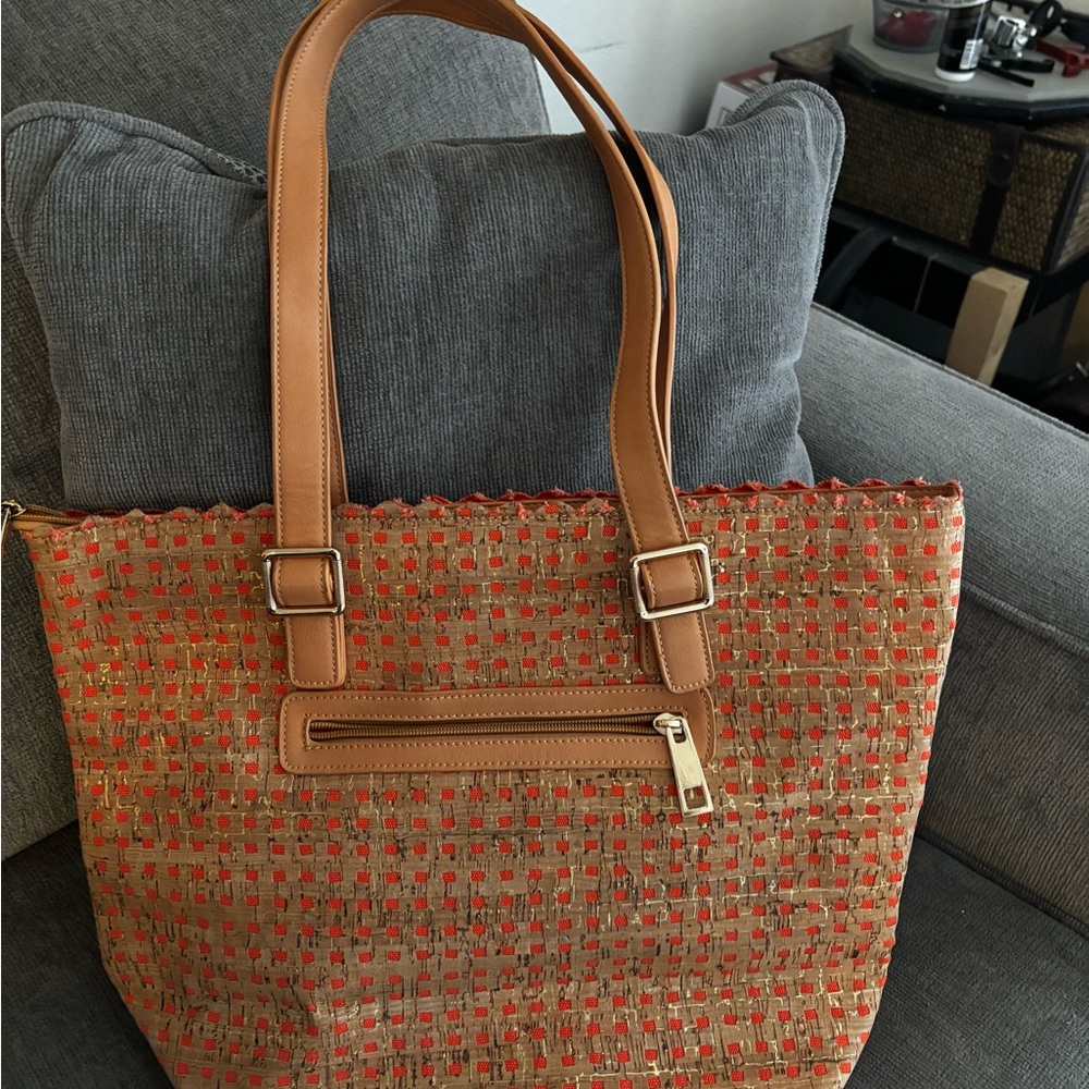 Tan and Orange Woven Leather Tote Bag with Sturdy Handles